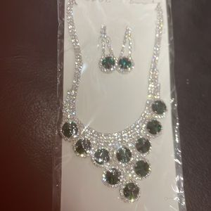 Crystal Green and White Chandelier Necklace and Matching Earrings
